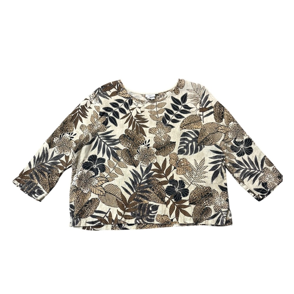 Hot Cotton 100% Linen Leopard‎ Floral Print Popover Top XL Casual Boxy